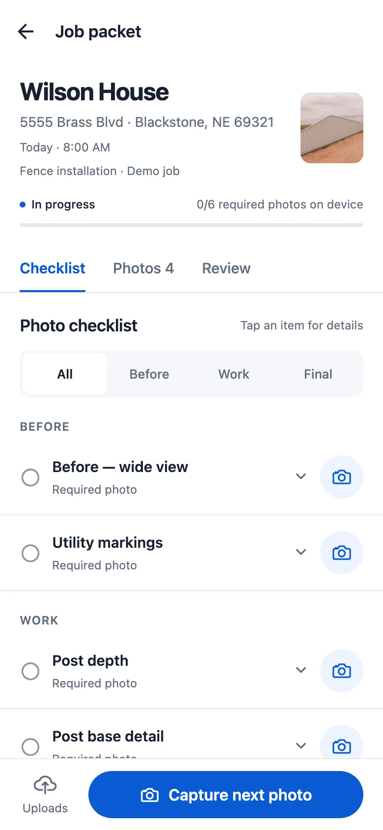 JobPacket sample job with Before, Work, and Final photo requirements