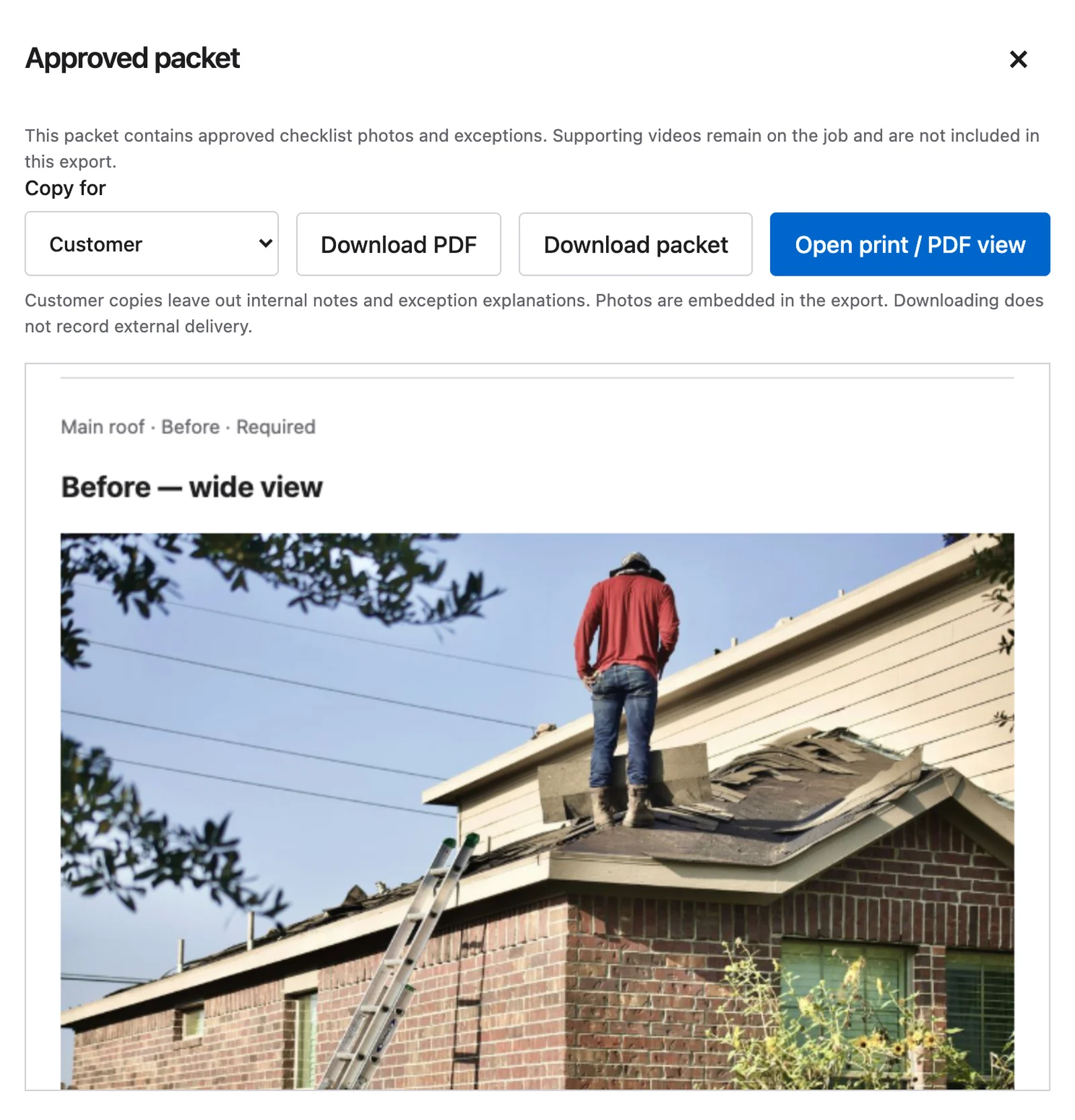 Approved packet window in the JobPacket office workspace with a roof tear-off photo