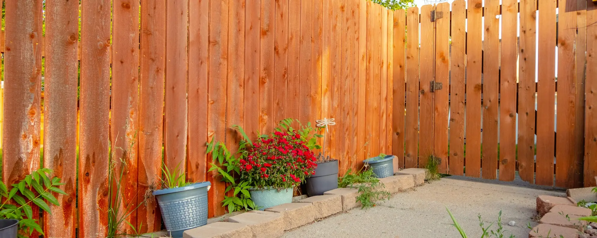 New cedar fence and gate around a backyard patio
